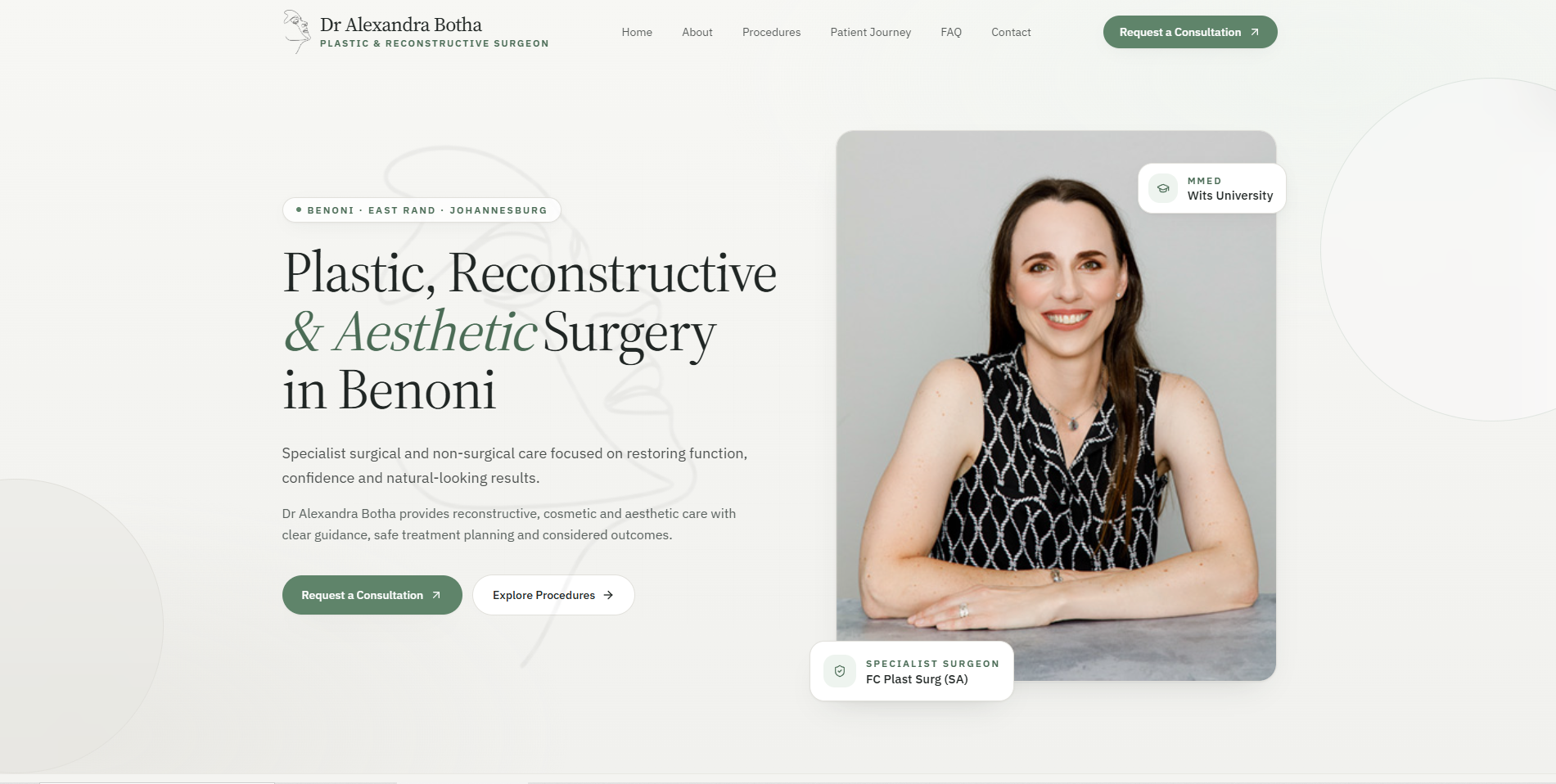 Redesigned Dr Alexandra Botha homepage with calm hero, portrait and clear positioning