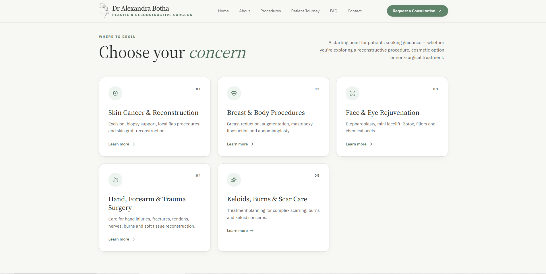 Redesigned 'Choose your concern' section with clean numbered cards